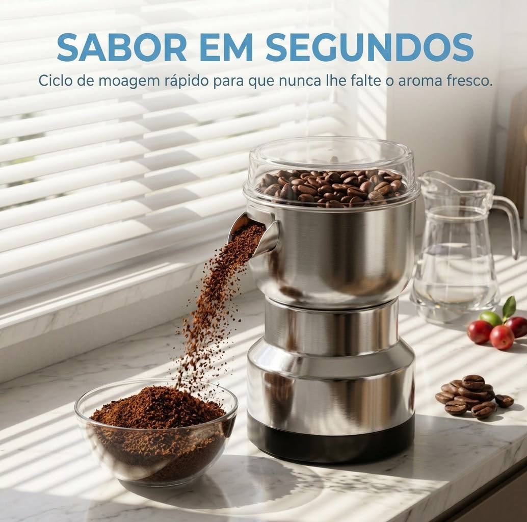 Moedor elétrico multifuncional em aço inox moendo café na cozinha